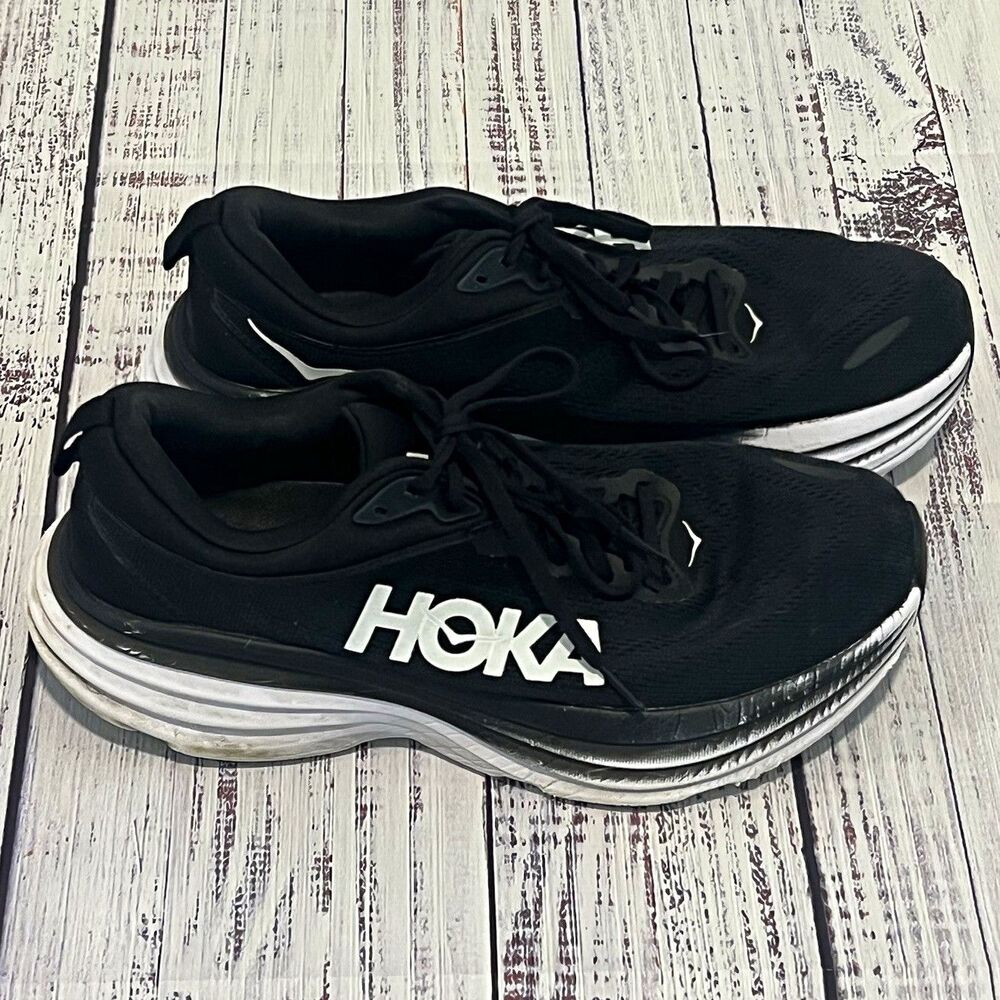 Hoka One One Bondi 8 Womens Size 10.5 B Black White Running Shoes 1127952